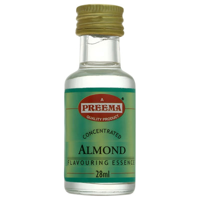 Preema Concentrated Almond Flavouring Essence (28ml) in a small glass bottle with a green label and gold cap, perfect as a baking essence.