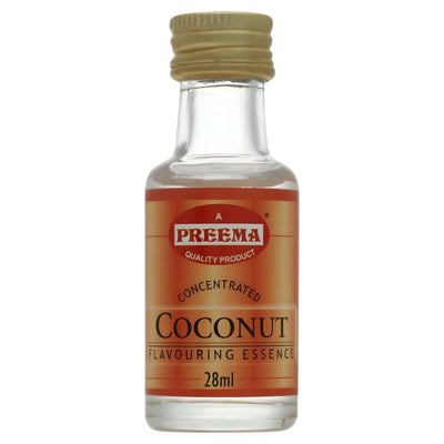 Preema - Concentrated Coconut Flavouring Essence (28ml) is perfect for adding rich coconut flavour to your baking. Comes in a small bottle with a gold cap and an orange label.