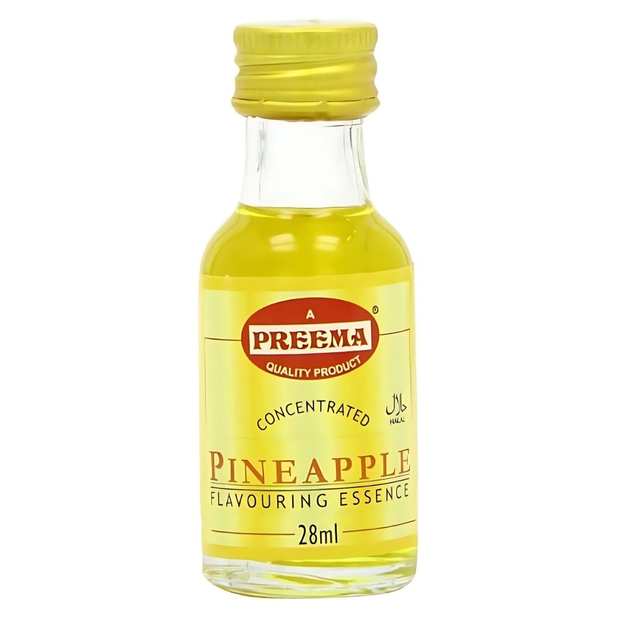 A small, clear 28 ml bottle of Preema Concentrated Pineapple Flavouring Essence with a yellow cap and label, bursting with tropical flavor.