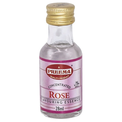 Preema Concentrated Rose Flavouring Essence (28ml) by Preema comes in a glass bottle with a gold cap and pink label, perfect for adding floral notes to your recipes.