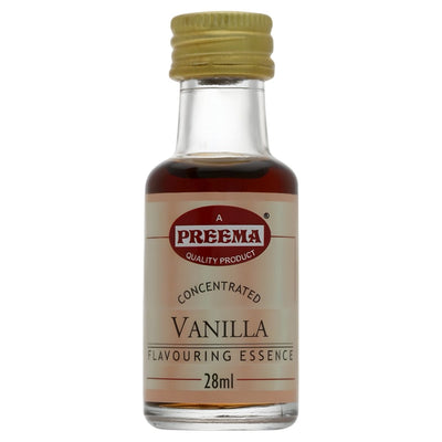 Preema - Vanilla Flavouring Essence (28ml) in a glass bottle with a gold screw cap, ideal for baking and adding rich vanilla aroma to recipes.
