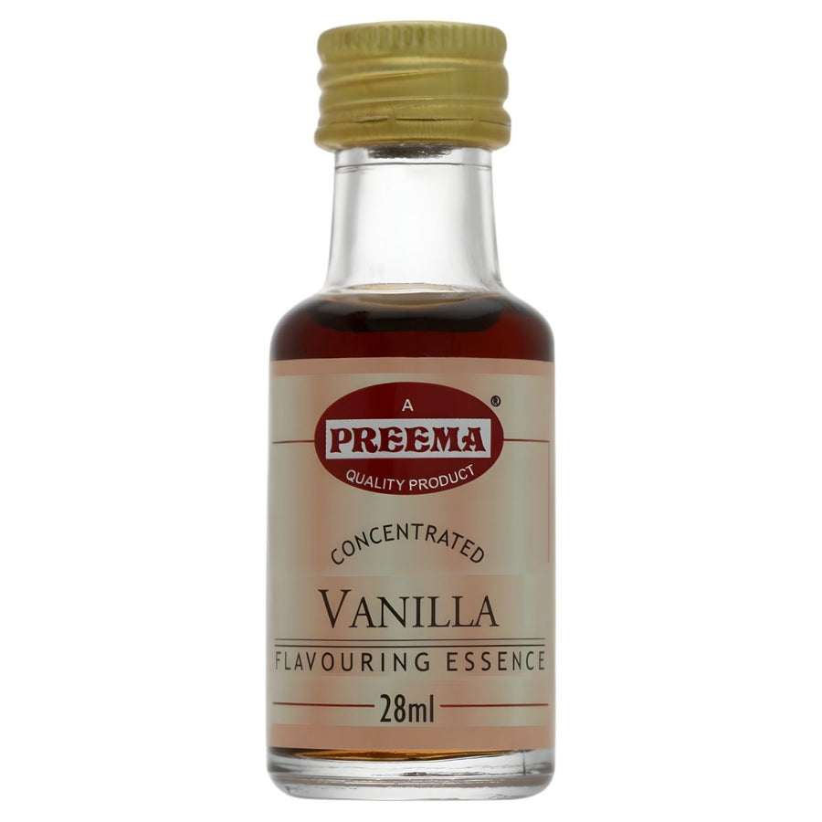 Preema - Vanilla Flavouring Essence (28ml) in a glass bottle with a gold screw cap, ideal for baking and adding rich vanilla aroma to recipes.
