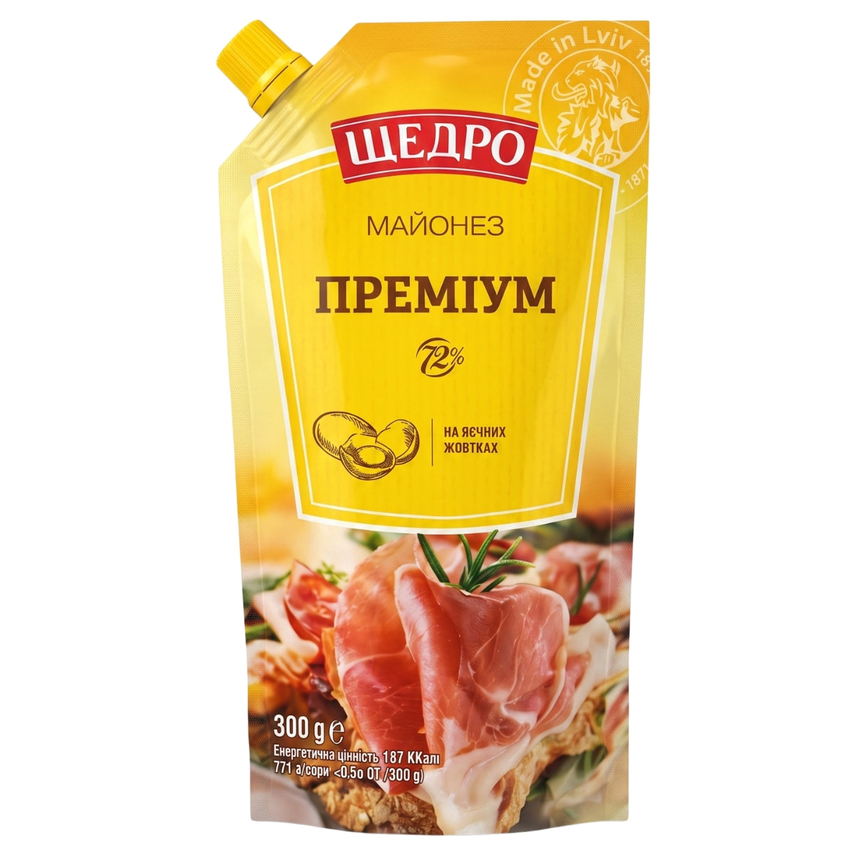 A 300g pouch of Shchedro’s Premium Mayonnaise (Fat 72%), a creamy condiment made with sunflower oil, from the brand Premium. The yellow packaging features images of sliced meat and eggs, is labeled “Made in Lviv” and “72%,” and comes with a convenient yellow cap.