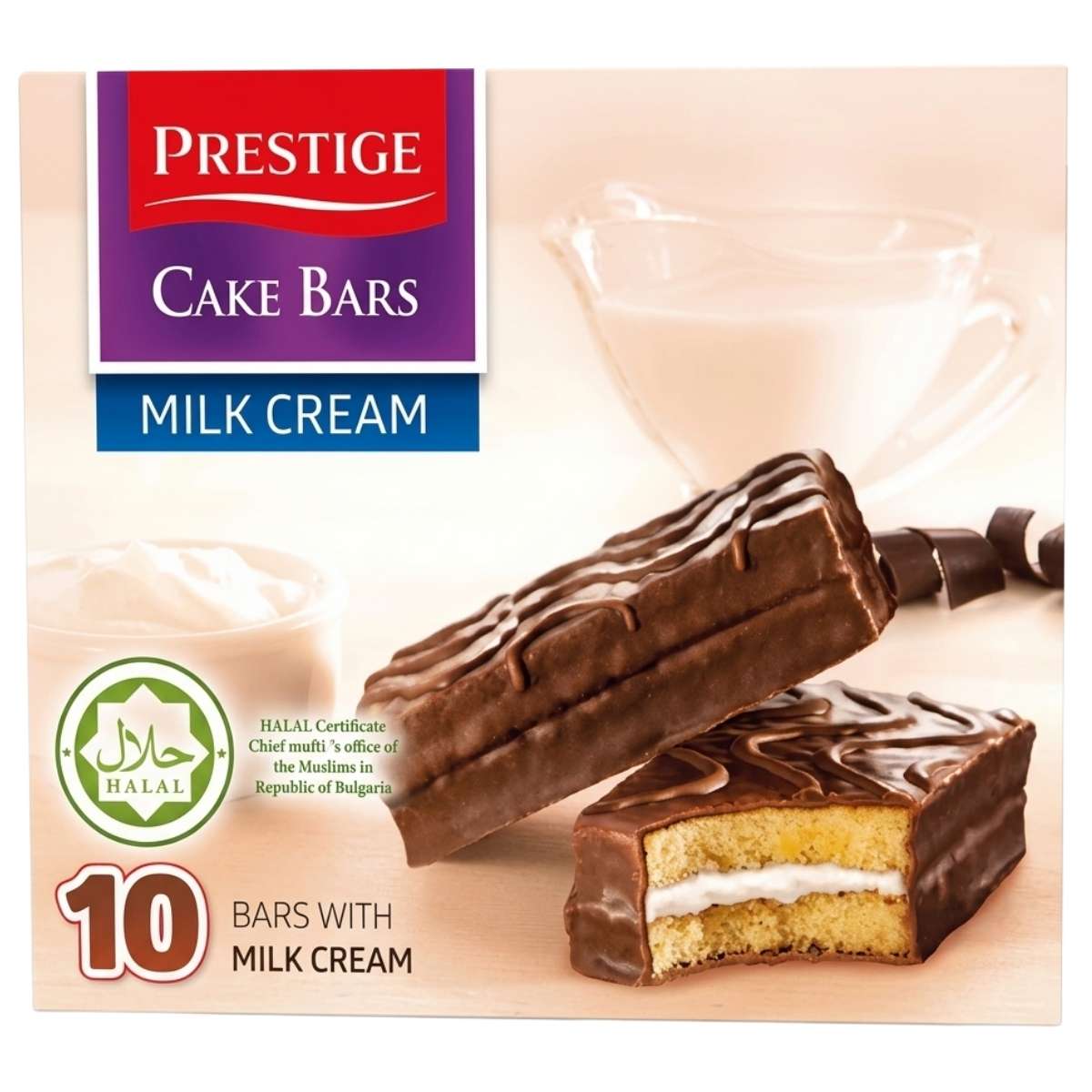 Prestige Cake Bars Milk Cream packaging with a halal certification logo.