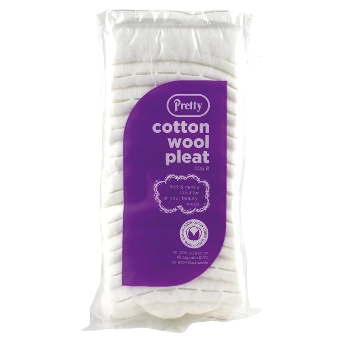 Packaged cotton wool with a purple label on a white background