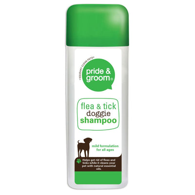 A 300ml white bottle of Pride & Groom Flea & Tick Doggie Shampoo features a green cap and label with a dog silhouette and product details.