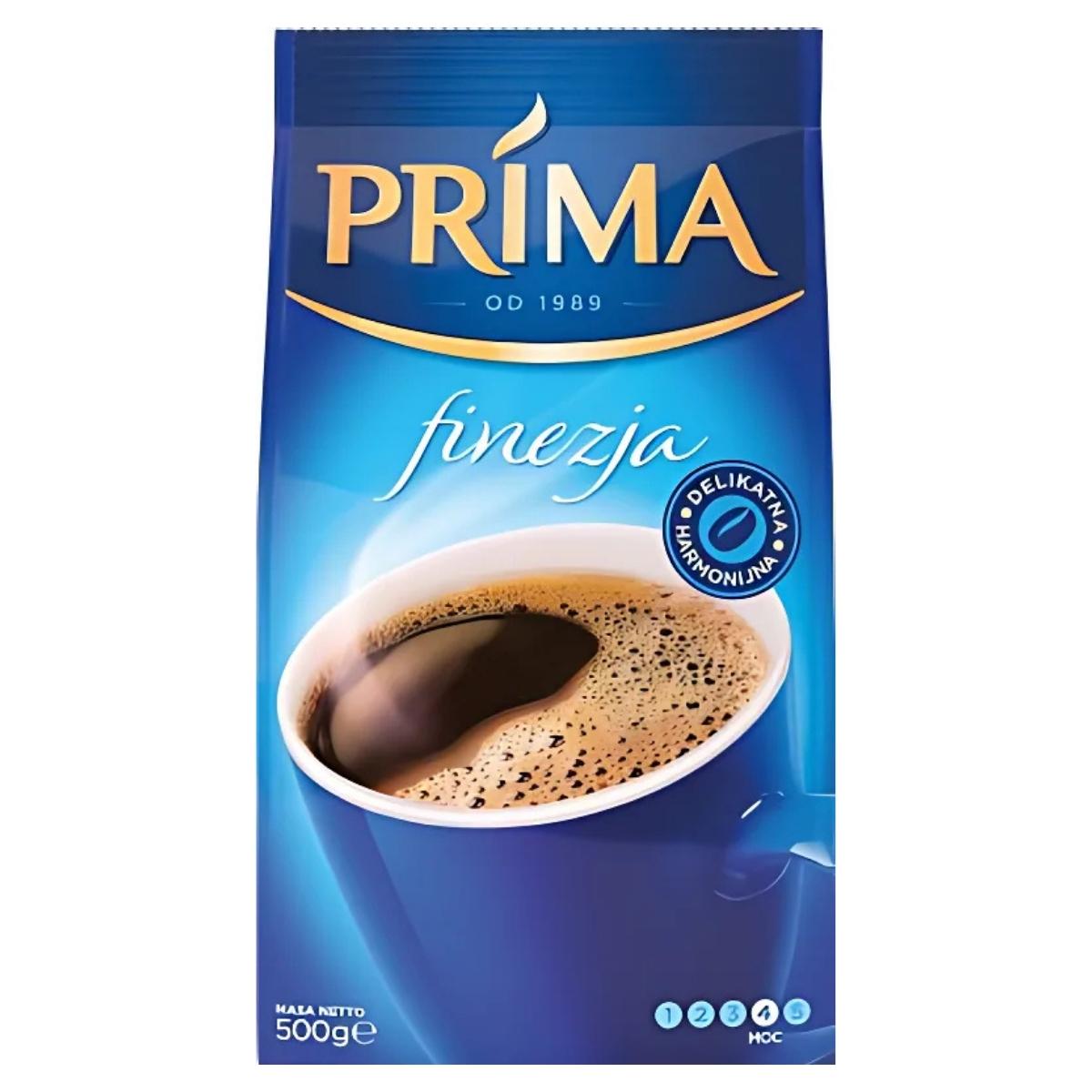 The Prima Finezja Ground Coffee in blue packaging, showcasing a steaming cup for its rich taste, offers a balanced coffee experience with "finezja" text and comes in a 250g size.