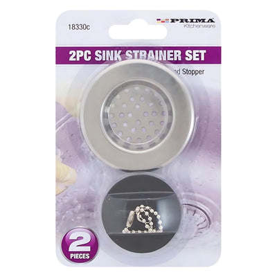 Packaging for Prima - Sink Strainer - 2Set includes a metal drain protector and stopper with chain, ideal for keeping your kitchen sink clean and free of debris.