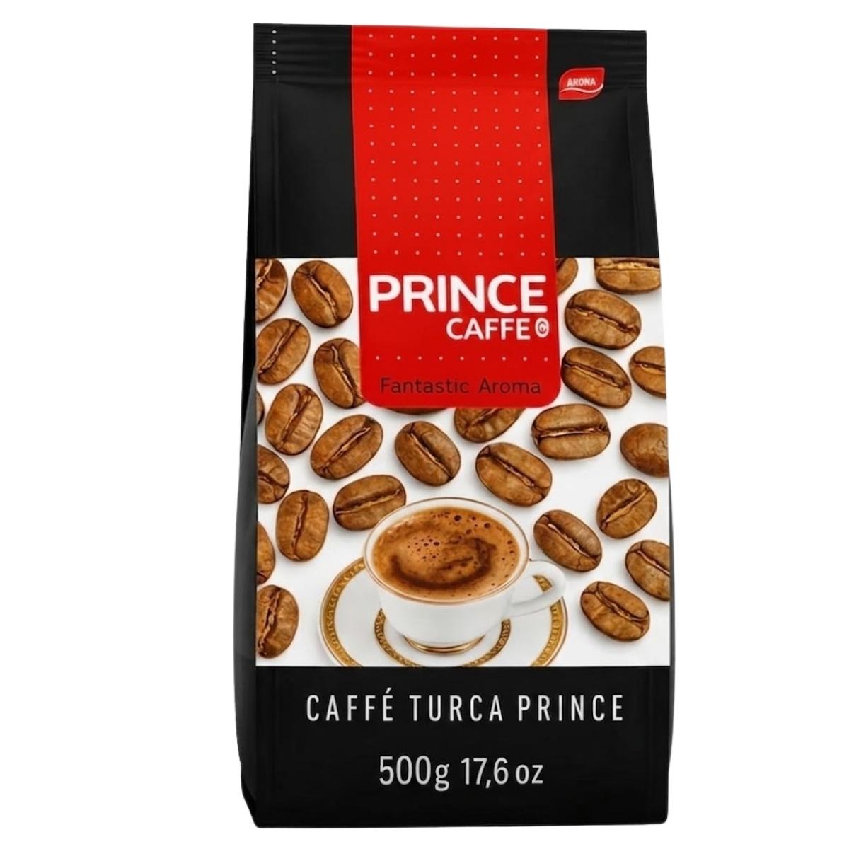 Coffee bag with Prince Caffè branding featuring coffee beans and a cup of coffee.