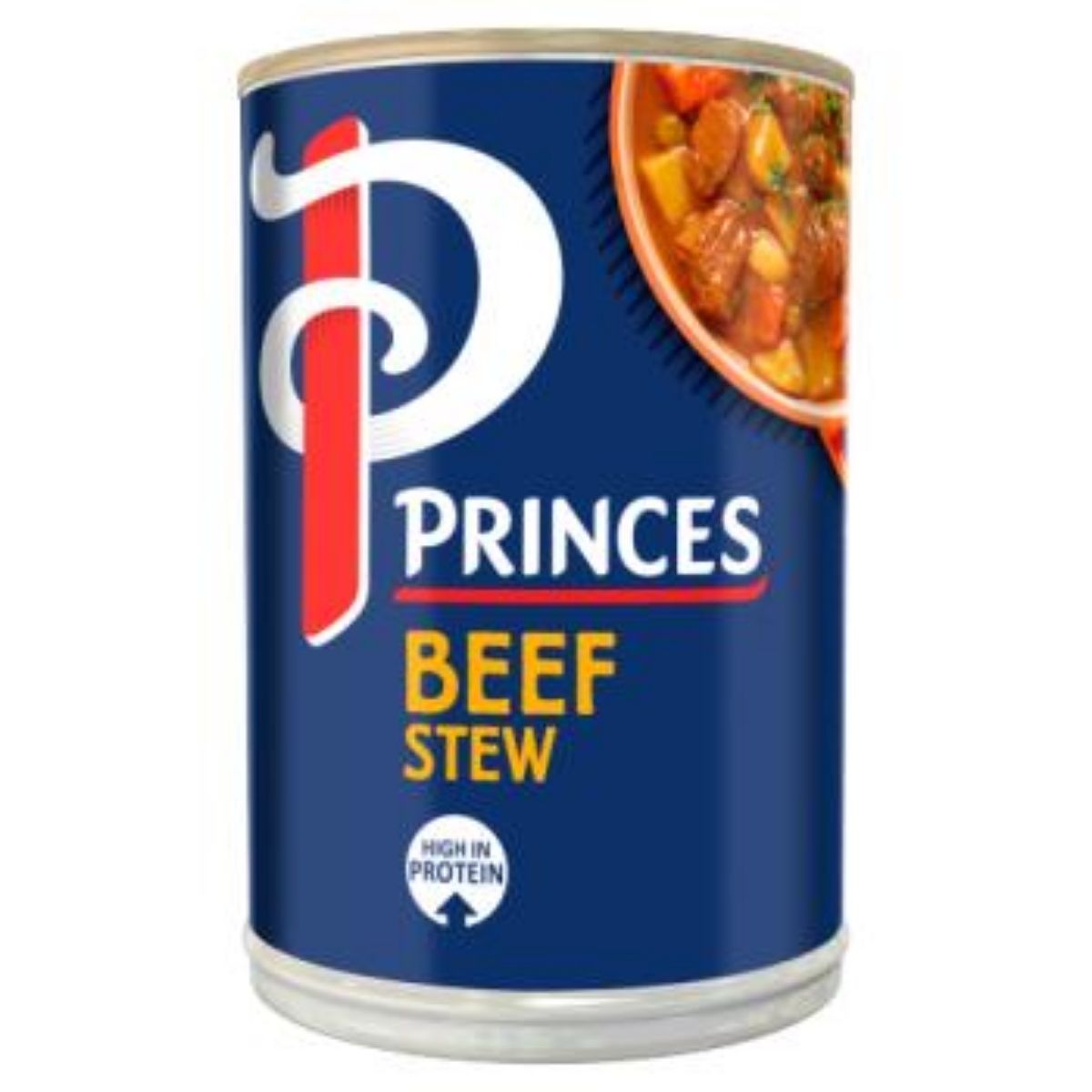 A can of Princes - Beef Stew - 392g features the brand logo, product name, and an appetizing image of diced beef stew. It is labeled "High in Protein" and contains no artificial preservatives, making it a wholesome meal option.