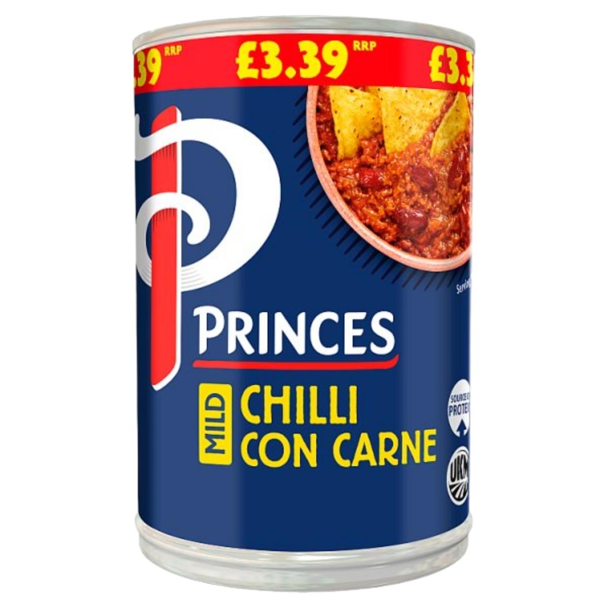 Princes Chilli Con Carne 392g, priced at £3.39, features an appetizing label image—ideal for those who enjoy a mild curry-style meal.