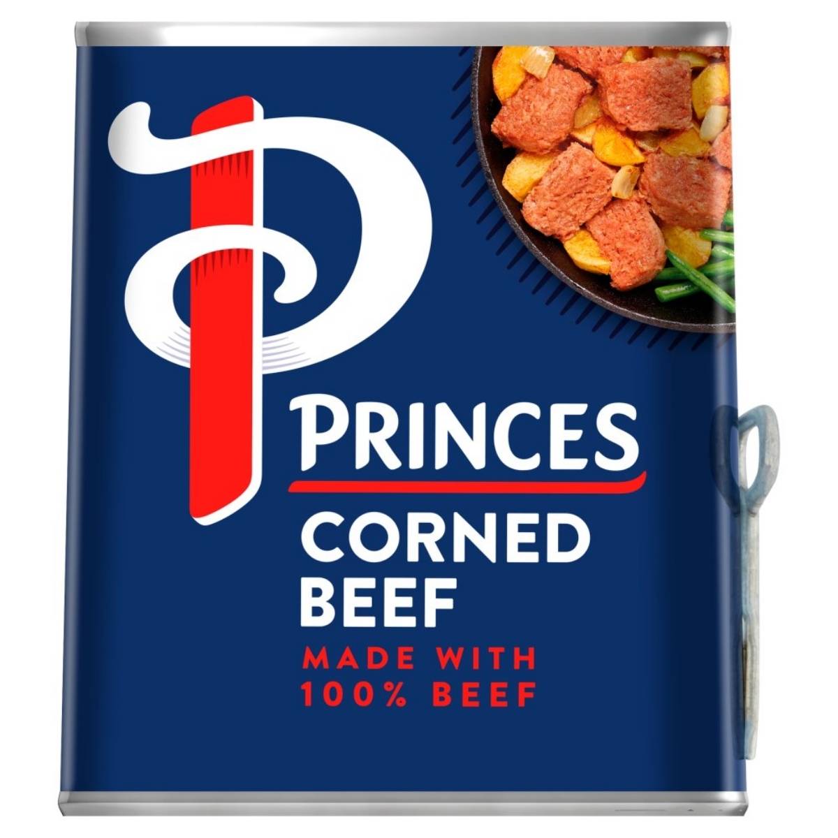 A can of Princes Corned Beef - 340g features images of cooked beef slices paired with colorful vegetables. The label highlights "Made with 100% Beef," providing tasty recipe ideas for your next meal.