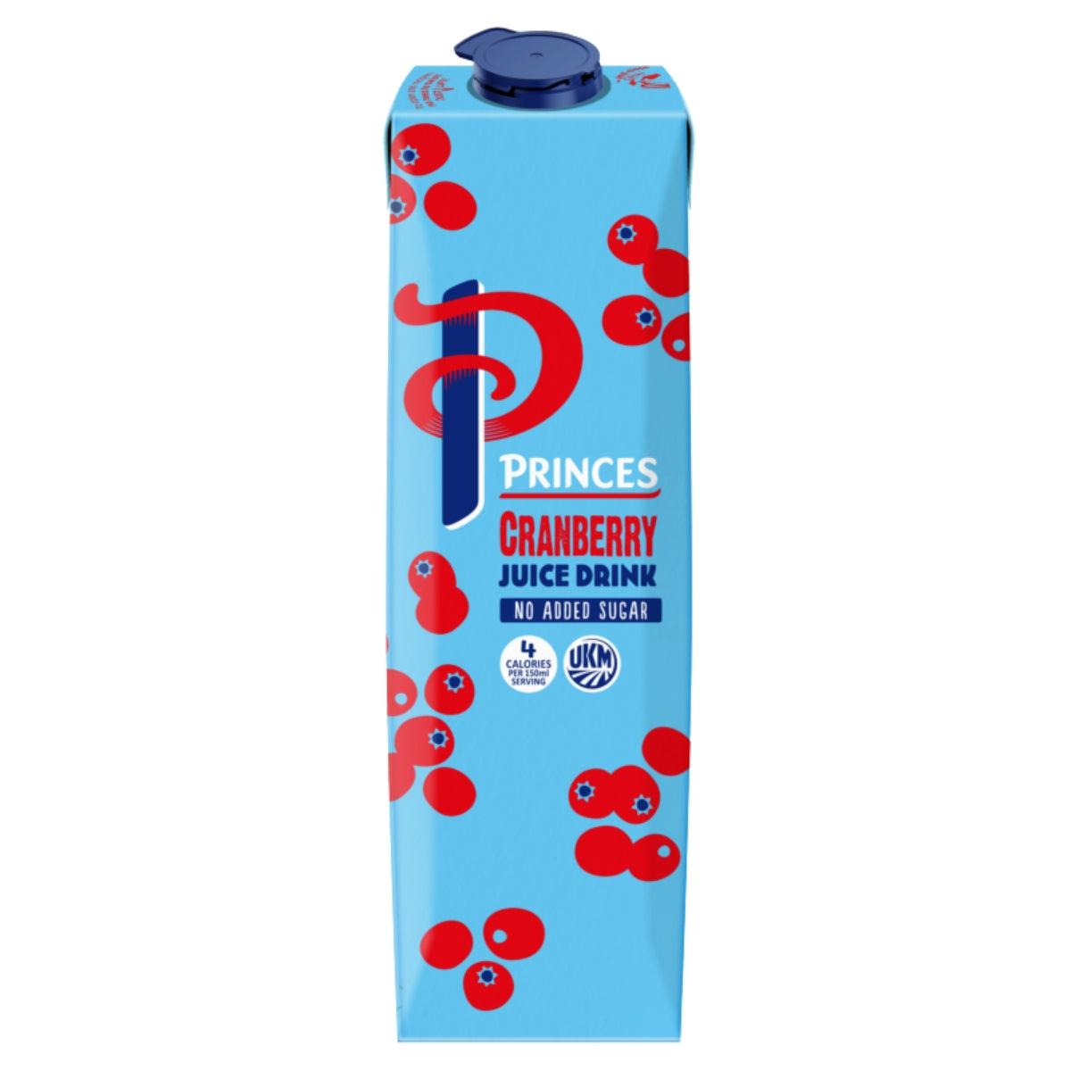 A light blue Princes Cranberry Juice Drink carton with red cranberry illustrations and a dark blue flip-top cap, shown on a plain white background.