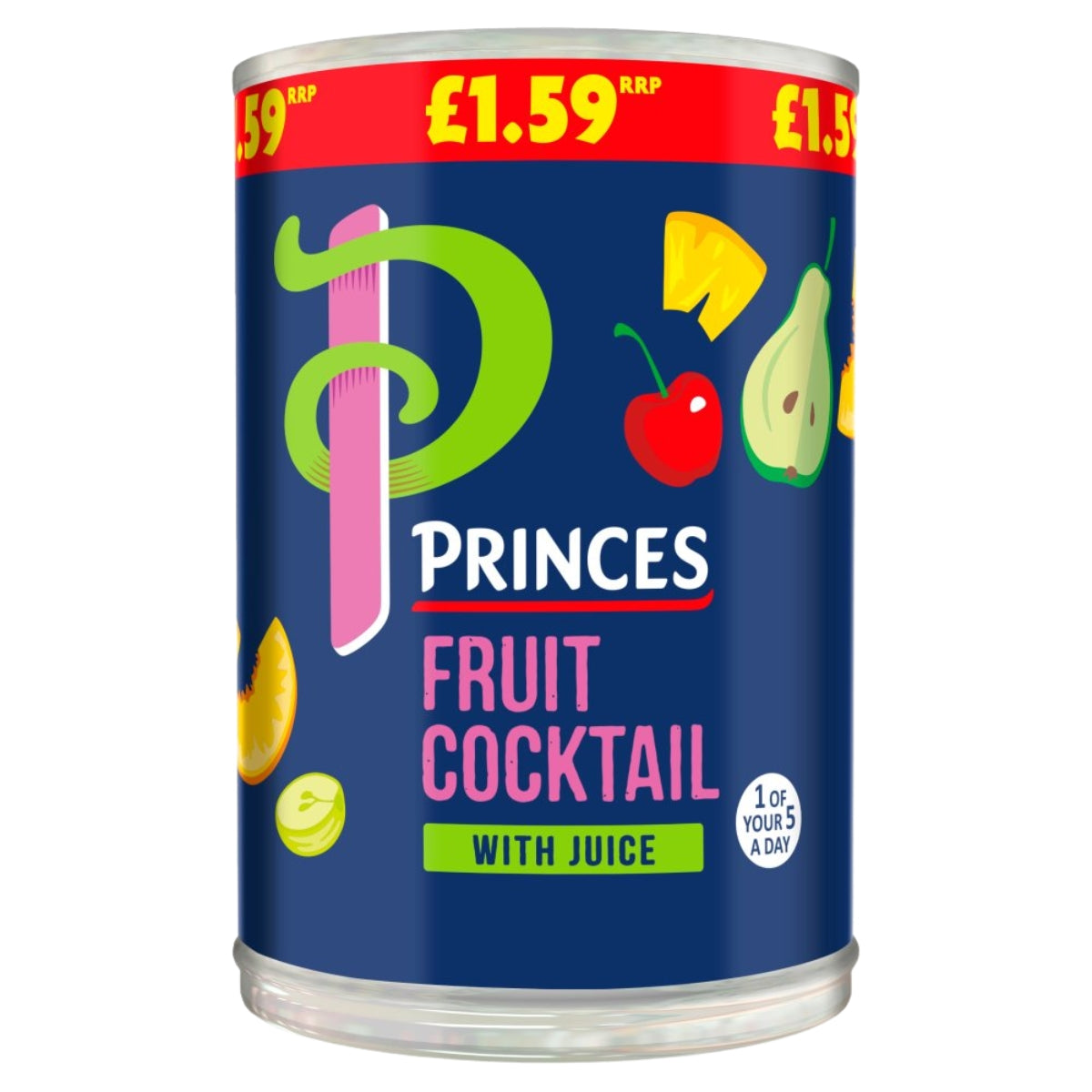 A 410g can of Princes Fruit Cocktail With Juice, featuring the Princes brand and images of assorted fruits on the label, is available for £1.59—perfect for enjoying a refreshing fruit mix at any time.