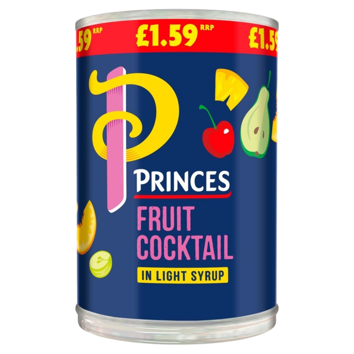 A 410g can of Princes Fruit Cocktail in Light Syrup, branded by Princes, displays assorted fruit images and a £1.59 price label on the top rim.