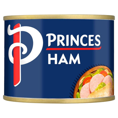 A 200g can of Princes Ham with a blue label features a serving suggestion of sliced ham, tomatoes, and lettuce. This protein-rich option is ideal for satisfying meals or quick snacks.