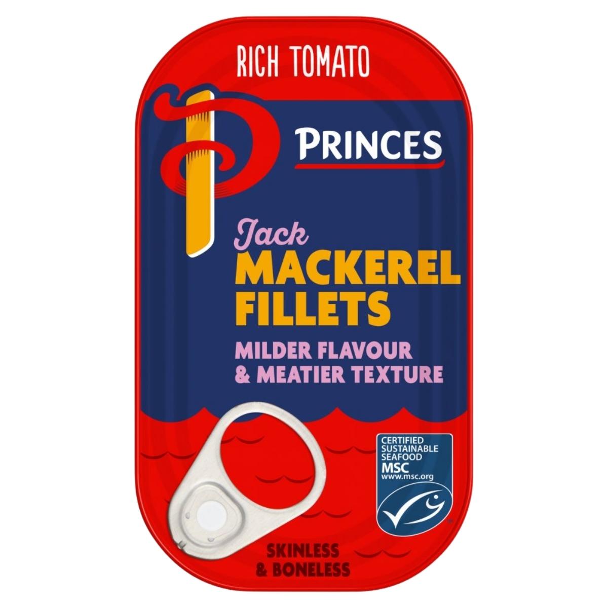 Princes Jack Mackerel Fillets packaging with red and blue design on a white background