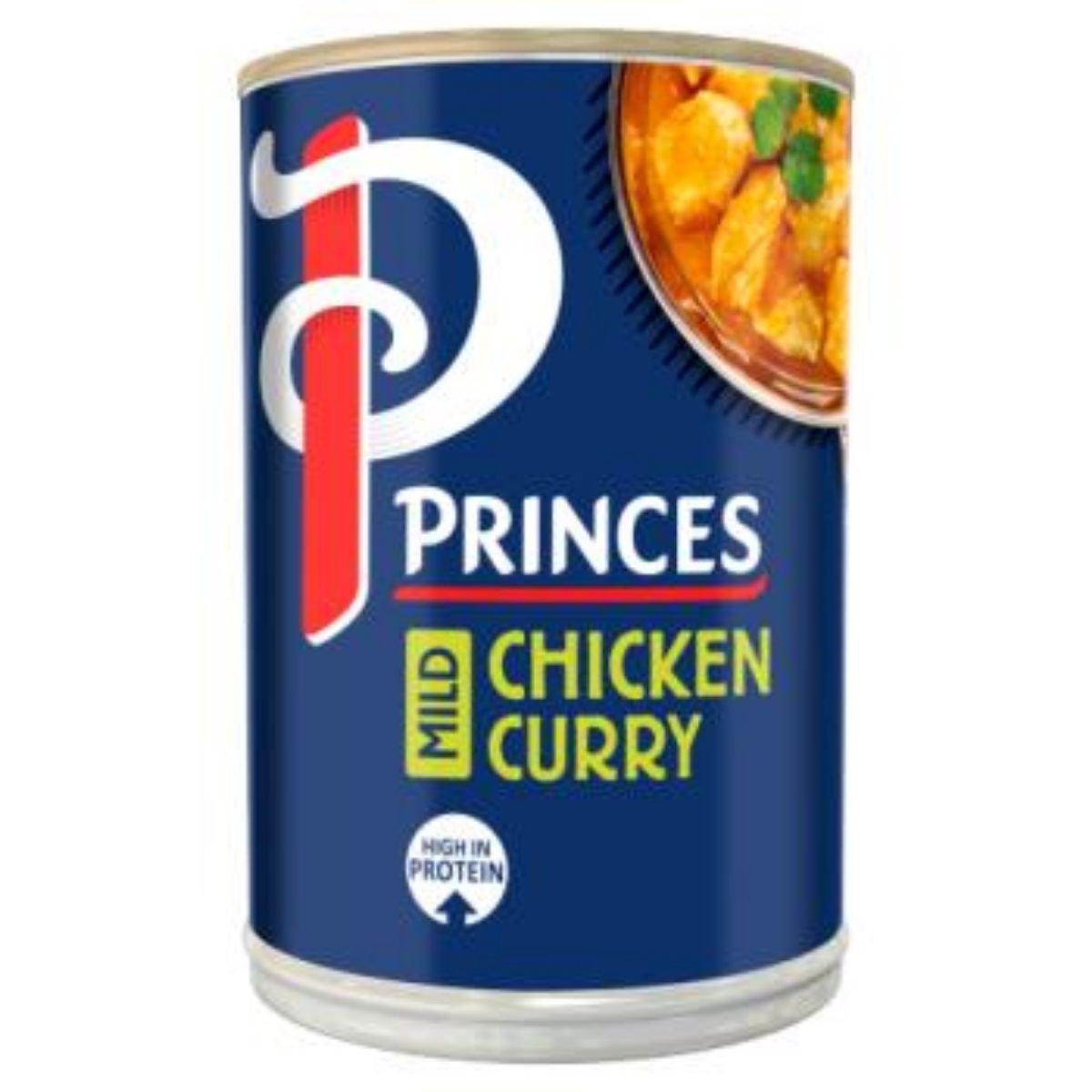 A can of Princes - Mild Chicken Curry - 392g prominently displays the brand's logo alongside an appetizing image of savory chicken curry. It features a "High in Protein" label and guarantees no artificial preservatives, ensuring a wholesome meal experience.