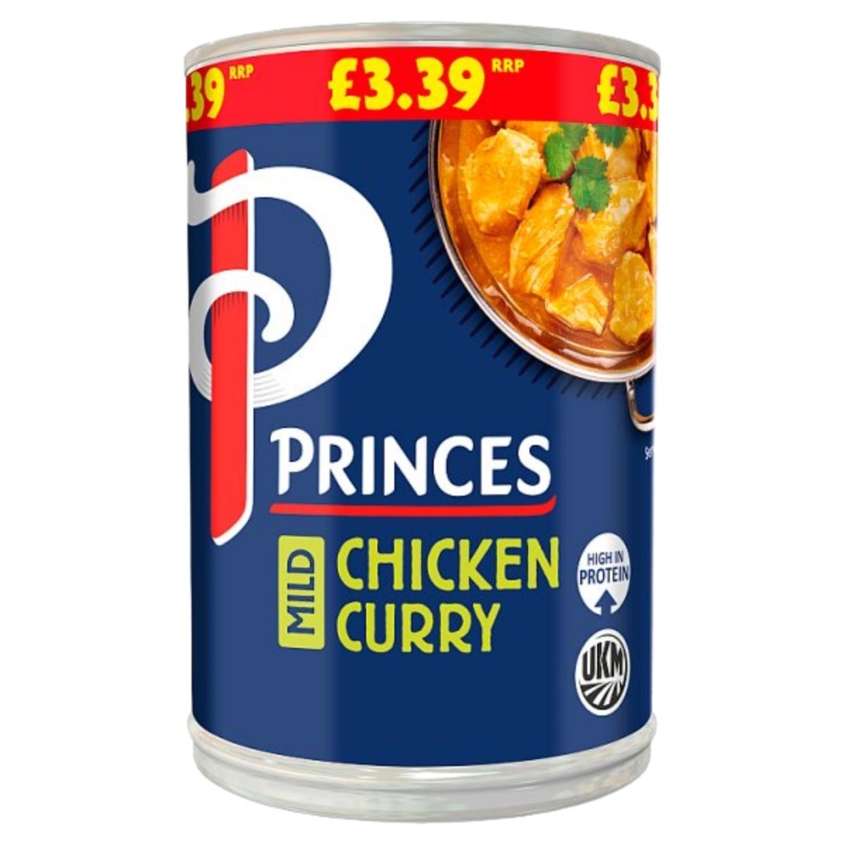 Princes Mild Chicken Curry 392g, priced at £3.39, features delicious mild chicken curry and Princes branding on a blue background.