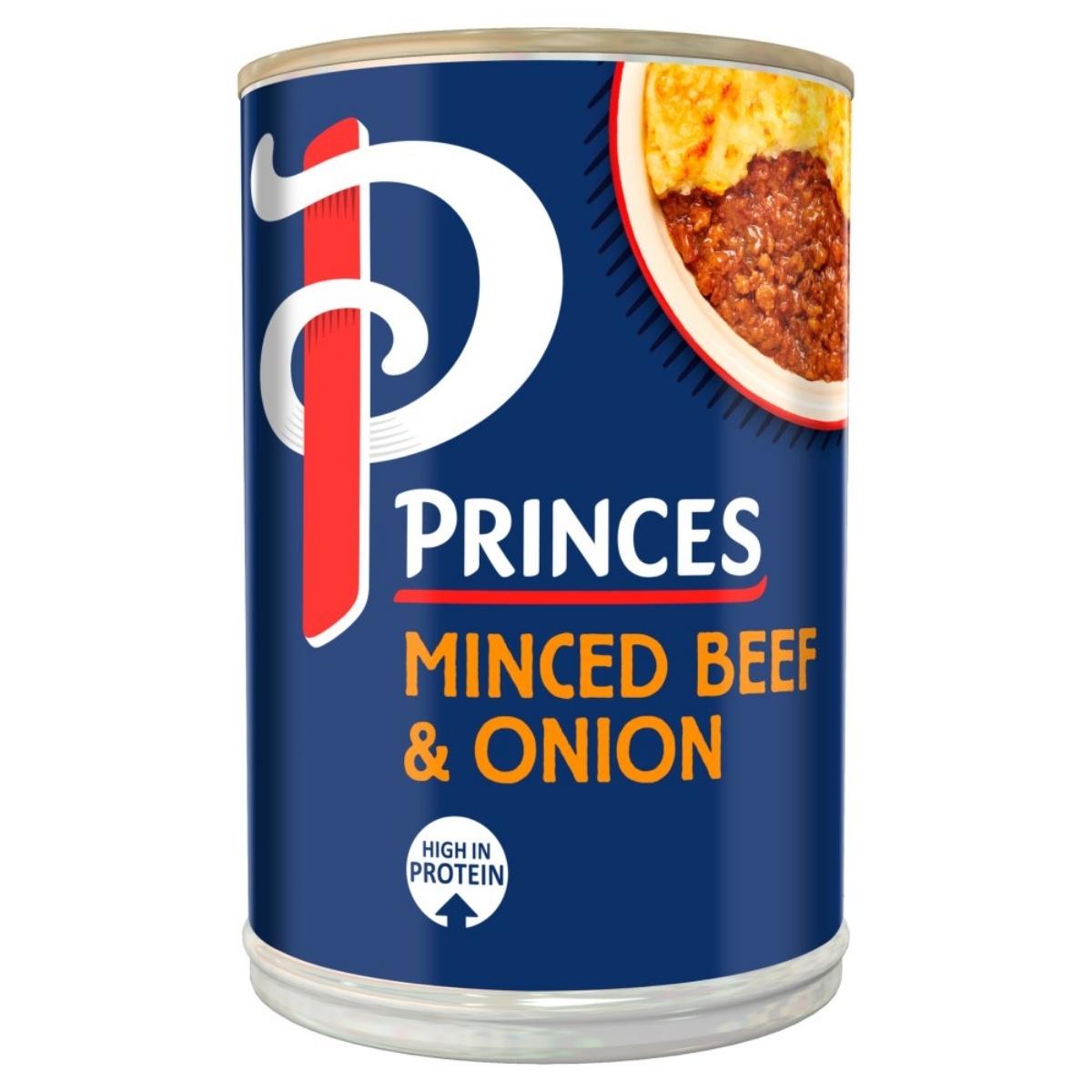 Princes - Minced Beef & Onion - 392g, a protein-rich choice ideal for sparking recipe ideas, featuring a tempting image of the dish on its label.