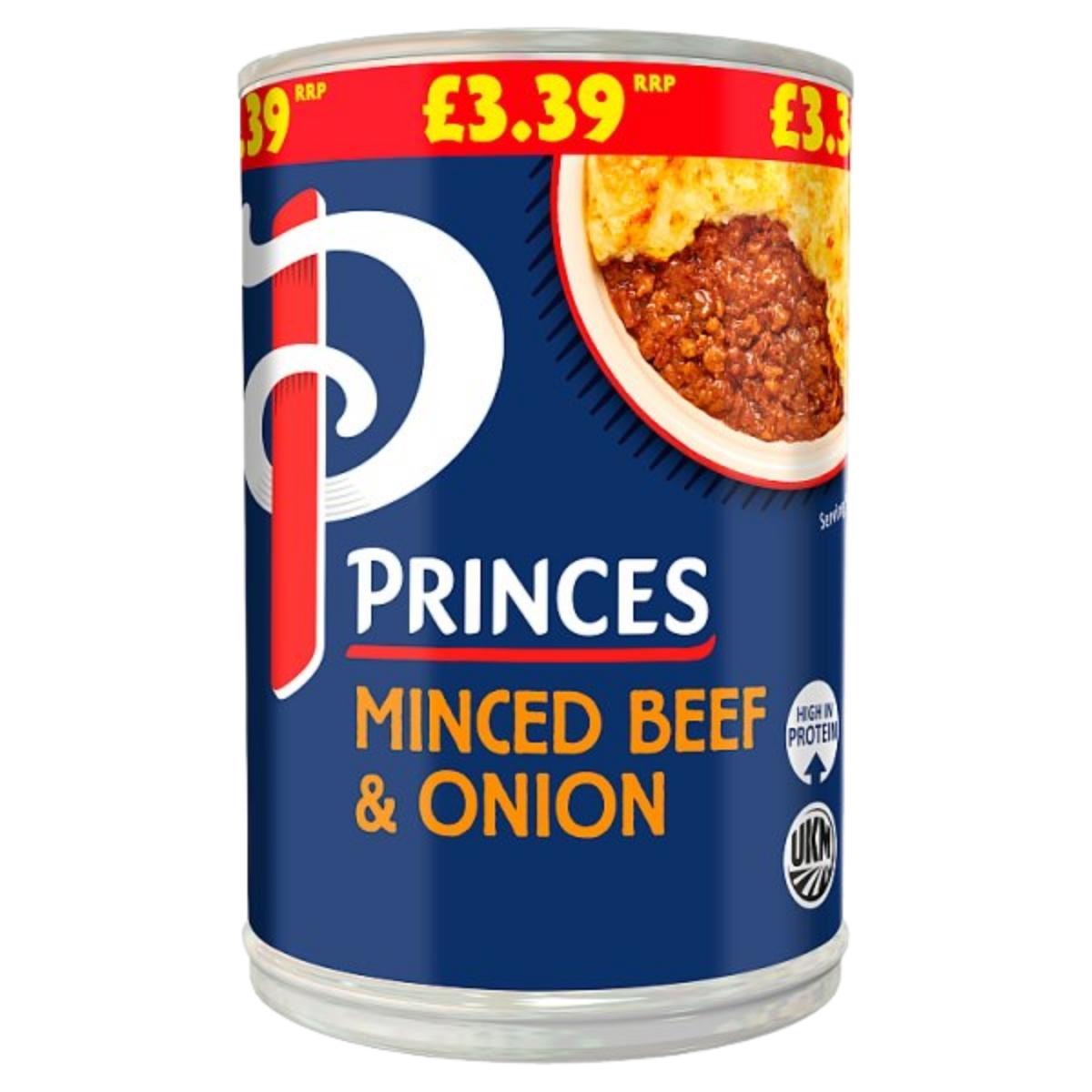 Can of Princes Minced Beef & Onion on a white background