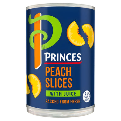 A 410g can of Princes Peach Slices with Juice, featuring images of canned fruit and the phrases "Packed from Fresh" and "1 of your 5 a day" on a blue Princes-branded background.