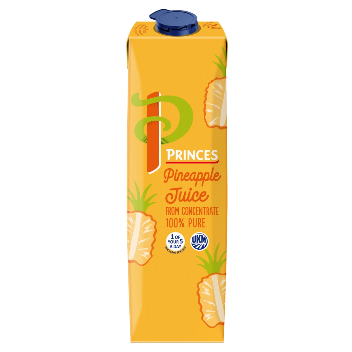 A 1L carton of Princes Pineapple Juice from Concentrate, featuring images of pineapples and labeled “100% juice,” comes with a blue cap and displays UK and nutritional logos.