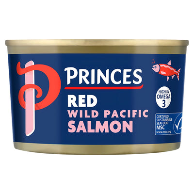 Princes Red Wild Pacific Salmon (213g) comes in a blue can with red text, featuring icons for Omega 3 content and sustainably sourced salmon certification.