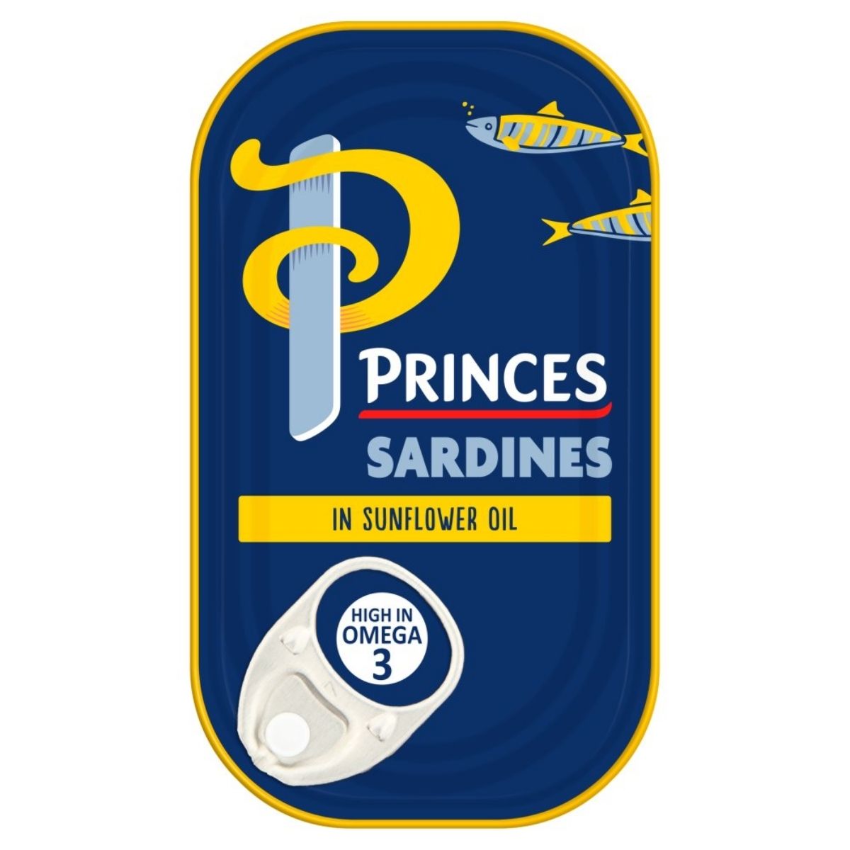 The Princes Sardines in Sunflower Oil, 120g tin, enriched with Omega 3, is designed for easy access with a convenient pull-tab.