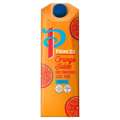 A 1L carton of Princes - Smooth Orange Juice from Concentrate features orange slice images, a blue cap, and contains 100% pure juice.