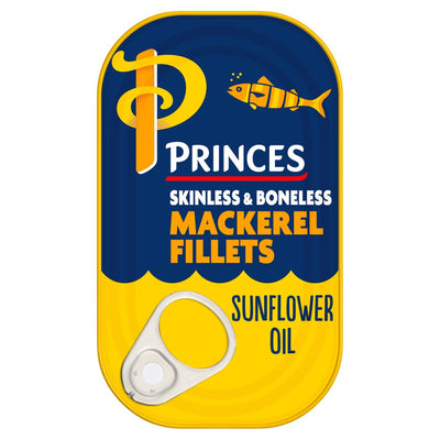 A 125g tin of Princes Mackerel Fillets in sunflower oil, featuring blue and yellow packaging with a pull tab.