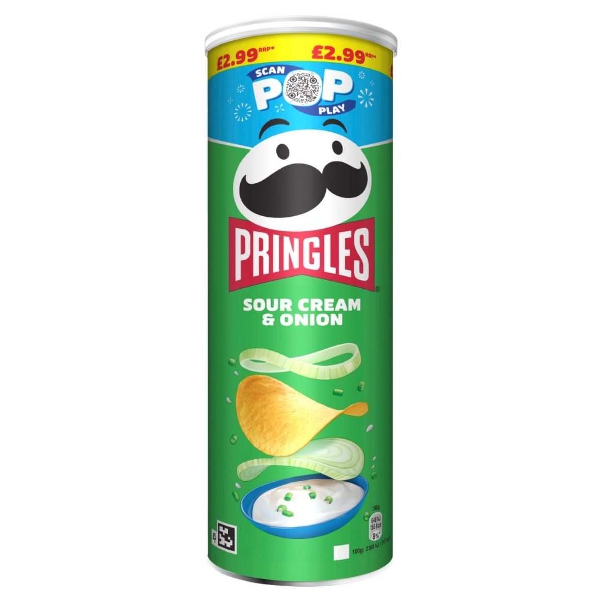 Pringles - Sour Cream & Onion - 165g, features a vibrant green design adorned with illustrations of sliced chips and onions on the front. Crafted from dehydrated potatoes, this vegetarian-friendly snack is available for £2.99.