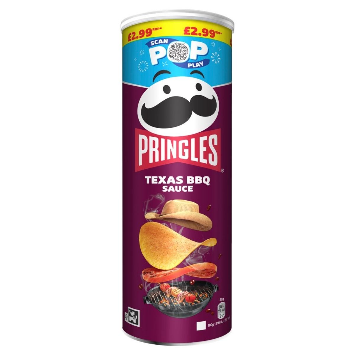 The Pringles - Texas BBQ - 165g canister, adorned with a cowboy hat on a chip and an image of a grill with skewers, is available for £2.99.