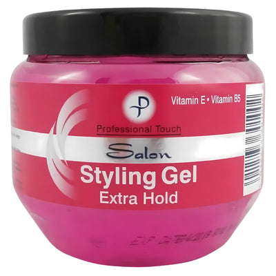 A 250ml pink jar of Professional Touch - Salon Styling Gel Extra Hold with a black lid, ideal for salon styling and long-lasting hold.