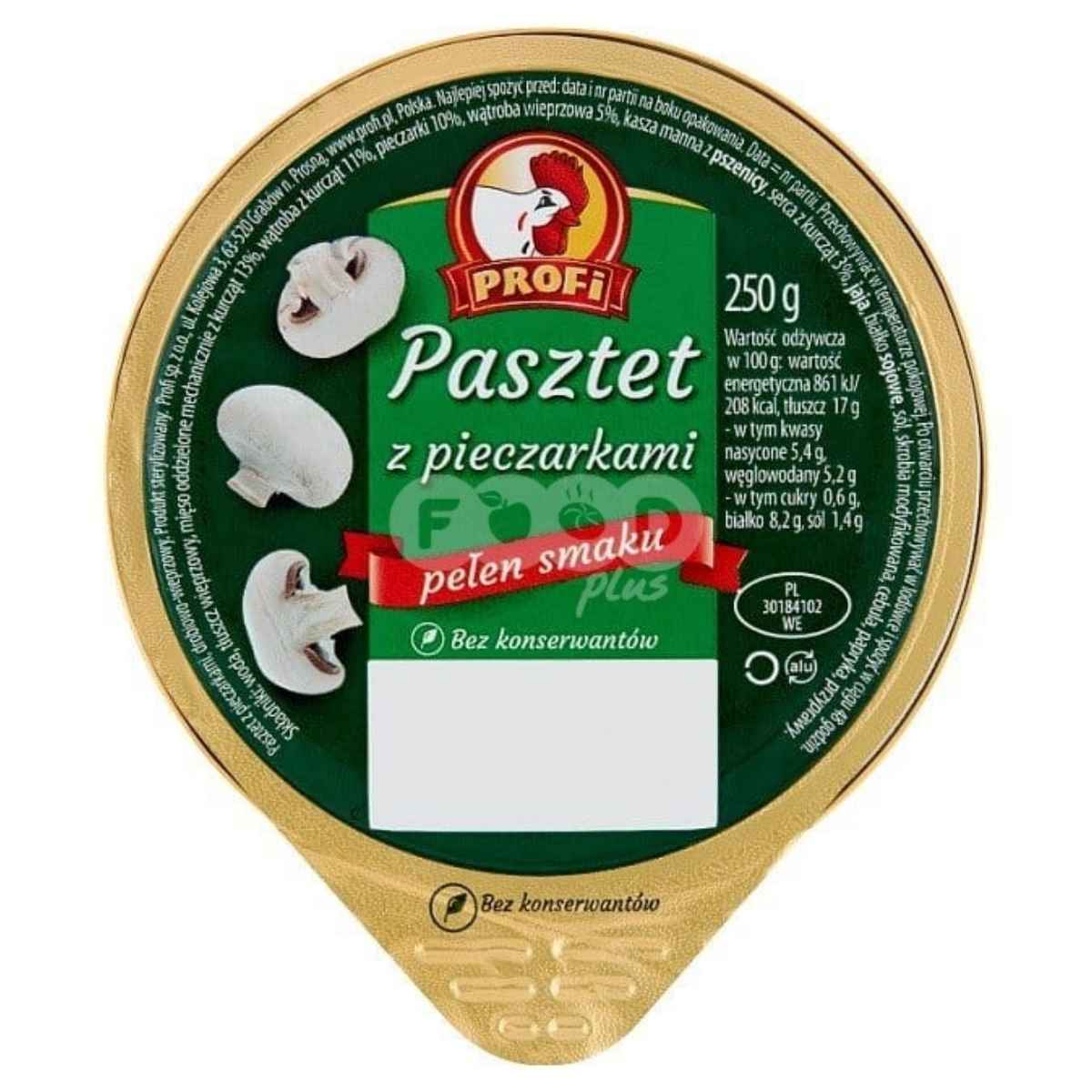 Profi - Pate with Mushrooms, 250g container. The green label, highlighted with white and red accents, showcases mushroom images alongside product information in Polish. Indulge in the savoury flavor made from high-quality ingredients for a delightful taste experience.