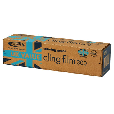 A brown and blue Prowrap box labeled "Catering Grade Cling Film 100m x 300mm" with a Union Jack design—ideal for food protection in commercial kitchens.