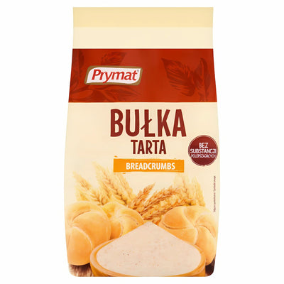 A 400g package of Prymat Bread Crumbs, labeled "Bułka Tarta" and "Breadcrumbs," with images of wheat and bread rolls on the front; ideal for giving your favorite dishes a crispy coating.