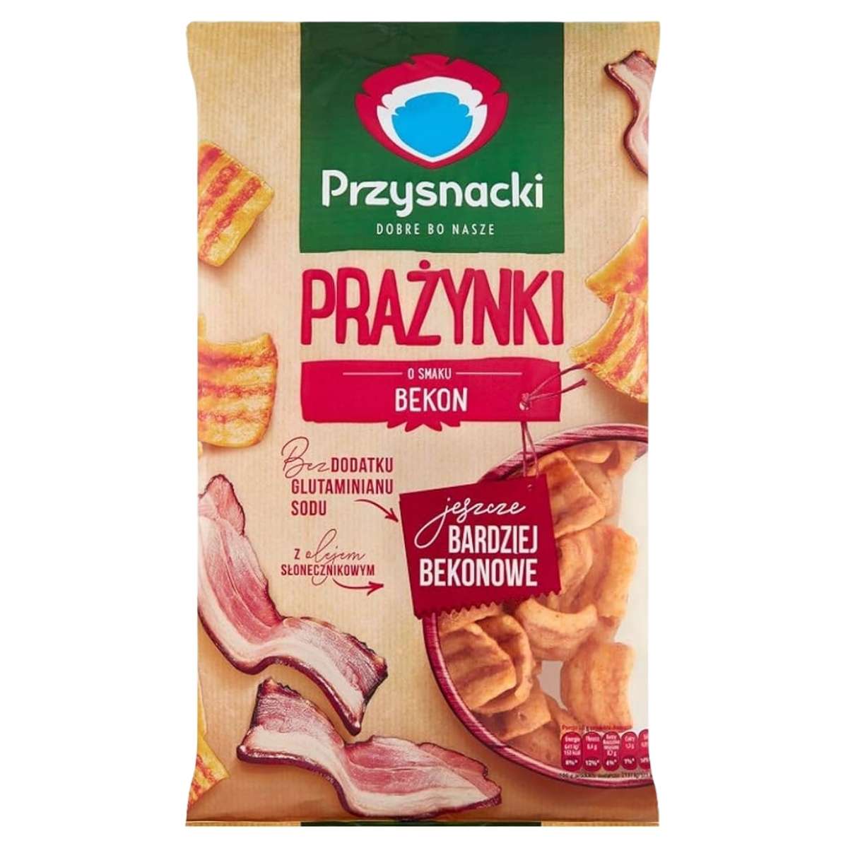 A 120g bag of Przysnacki - Bacon Flavoured Puffs Snacks, featuring bacon strip images and Polish text on the front describing these crispy, uniquely flavored bacon snacks.