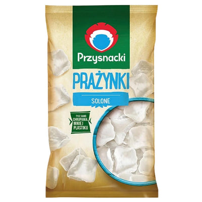 A 110g bag of Przysnacki Salted Potato Snacks, shown with a green label promoting less plastic packaging and an image of the crispy salty snack.
