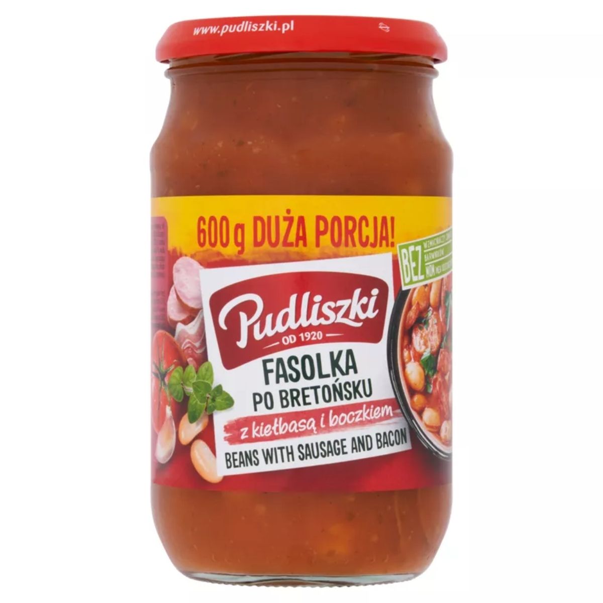 Jar of Pudliszki - Beans with Sausage & Bacon - 600g, labeled as a delicious blend of beans with savory sausage and crispy bacon, featuring a vibrant red lid and colorful ingredients on the label.