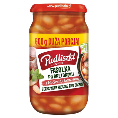 A 600g jar of Pudliszki - Beans with Sausage & Bacon, featuring Polish and English text on the label.