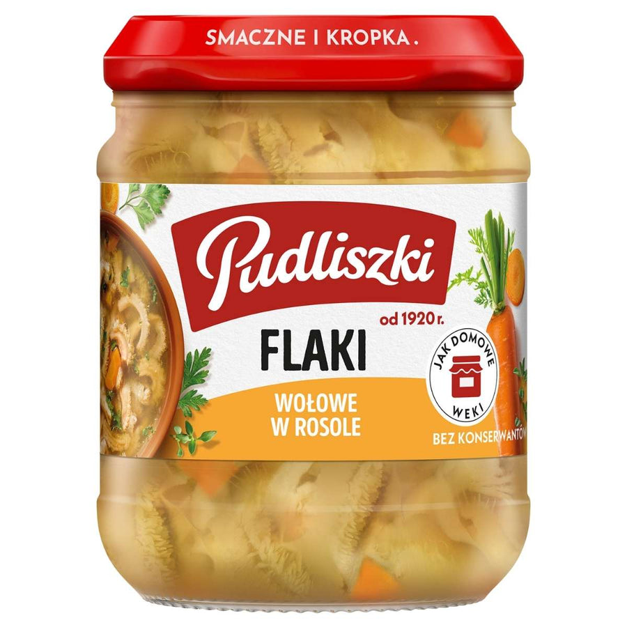 A 450g jar of Pudliszki Beef Tripe In Broth, a traditional Polish soup, comes with a red lid and a label displaying the ingredients and Pudliszki branding.