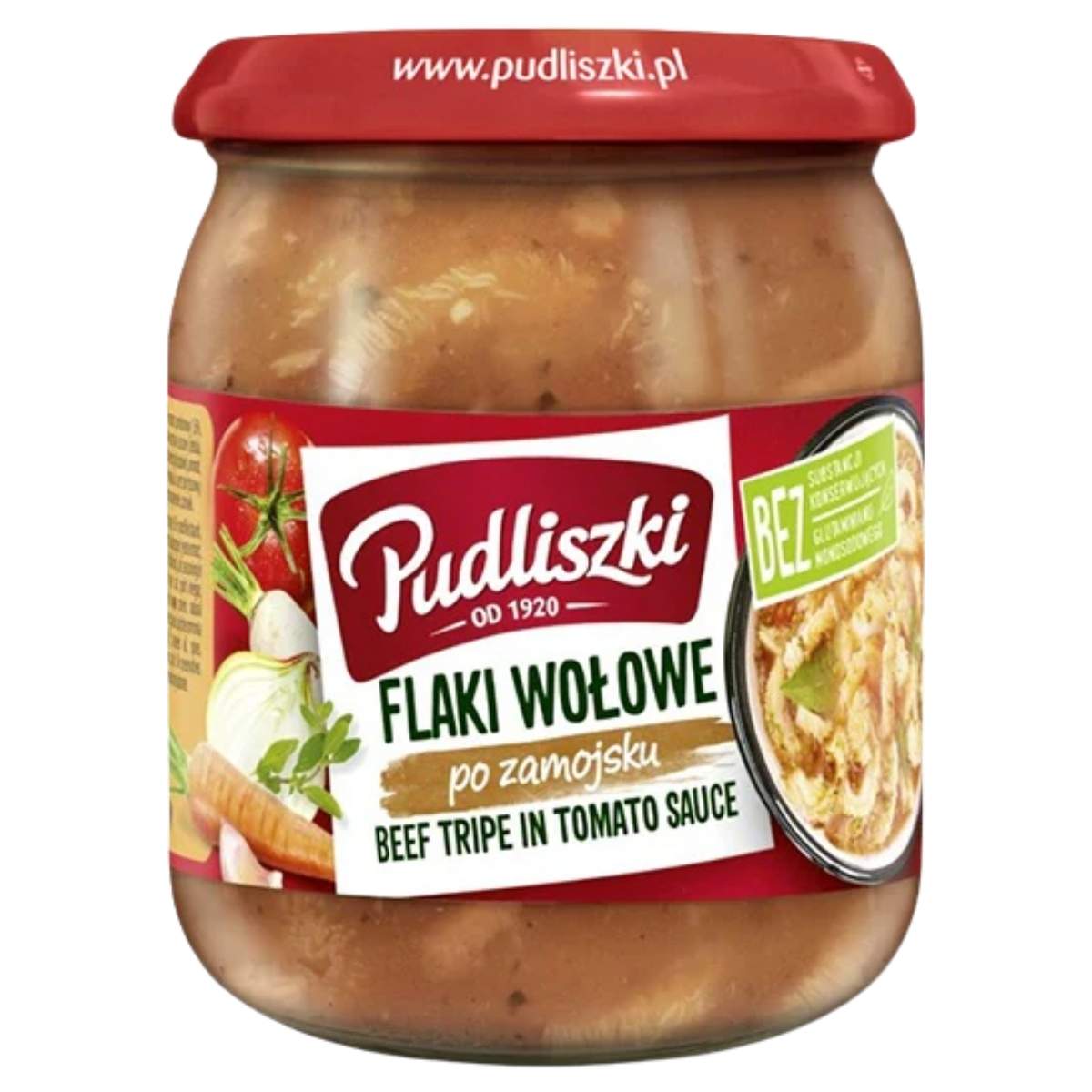 Jar of Pudliszki beef tripe in tomato sauce with a red lid on a white background