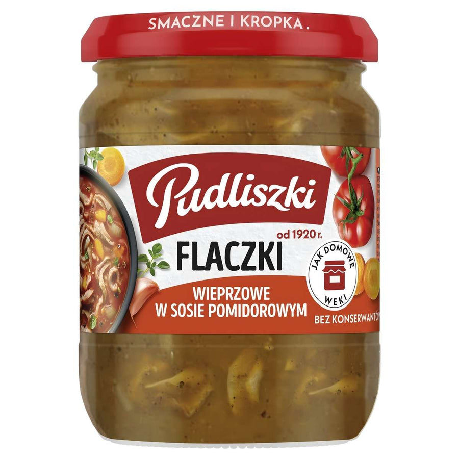 A 450g jar of Pudliszki - Pork Tripe In Tomato Sauce (Flaczki), a traditional Polish stew, features a red lid and Polish text on the label.