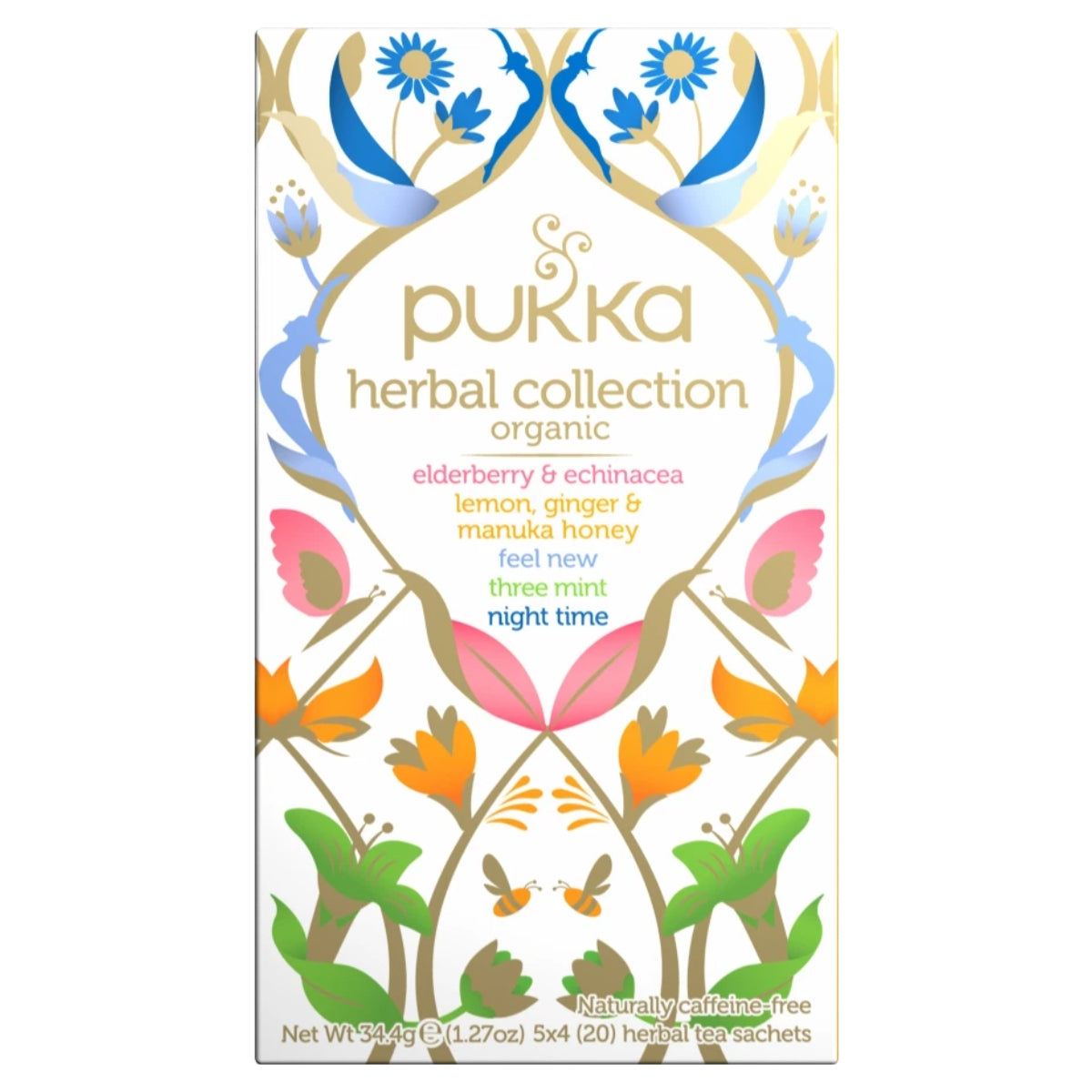 Box of Pukka Organic Herbal Collection tea (20 sachets, 34.4g), featuring floral designs and containing five flavours: Elderberry & Echinacea, Lemon Ginger & Manuka Honey, Feel New, Three Mint, and Night Time.