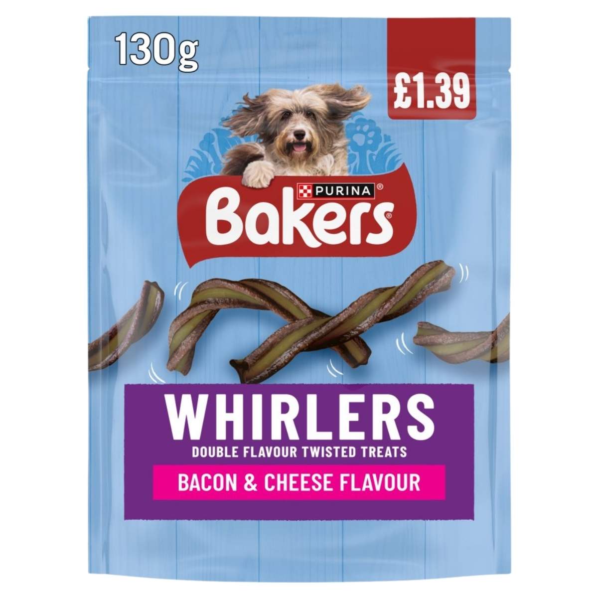 Purina Bakers Whirlers dog treats packaging with a blue background and dog illustration.