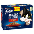 Purina Felix As Good As It Looks Meaty Selection In Jelly adult cat food (12 x 85g) box, featuring a cartoon cat peeking through and priced at £4.75.
