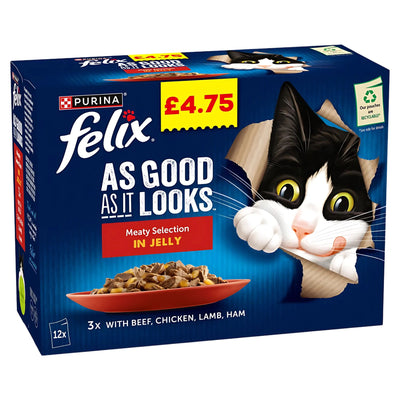 Purina Felix As Good As It Looks Meaty Selection In Jelly adult cat food (12 x 85g) box, featuring a cartoon cat peeking through and priced at £4.75.