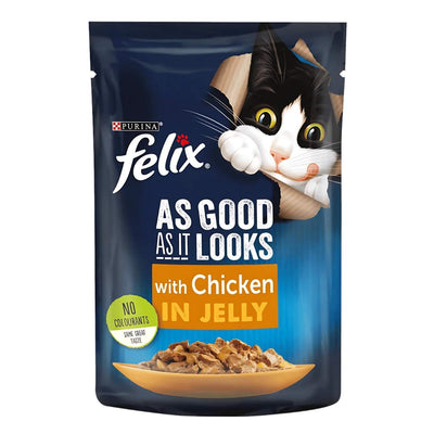 An 85g packet of Purina Felix Chicken In Jelly cat food, featuring a cartoon cat and a bowl of tender chicken pieces, offers your cat a tasty meal packed with essential proteins.