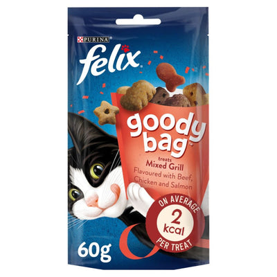 Purina Felix Goody Bag Treats Mixed Grill with Beef, Chicken & Salmon (60g) offers cat snacks averaging 2 kcal each. The playful pack features a cartoon cat—perfect for adding variety and fun to your pet’s treats!.